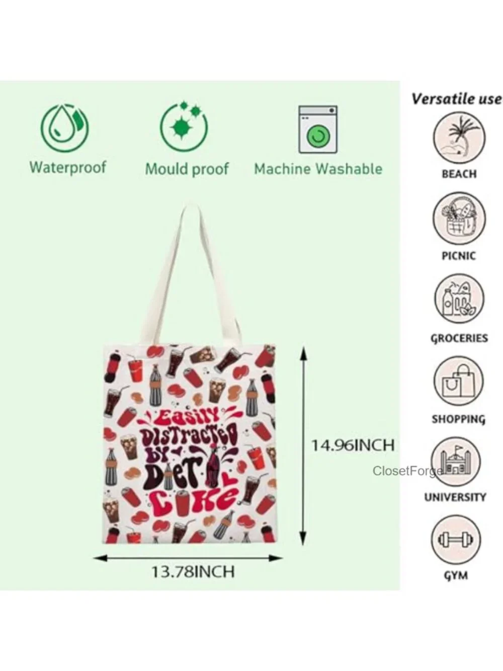 Reusable Canvas Tote Bag with Cartoon Print, Shoulder Straps, Water Resistant,